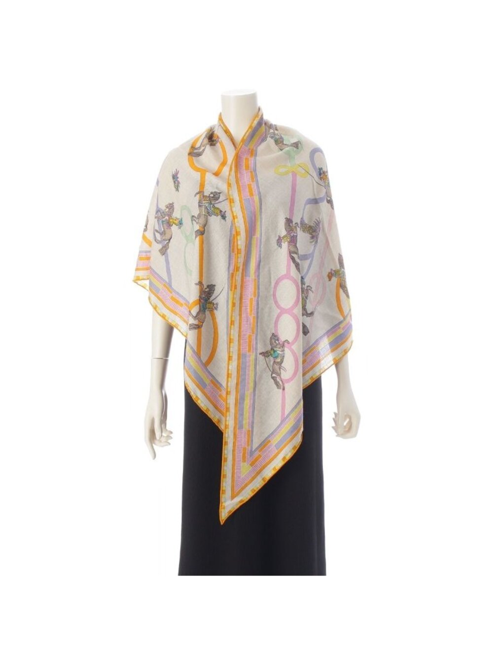 Hermes Triangle Geant Cashmere Silk Passades Et Serpentines Shawl Orange Beige